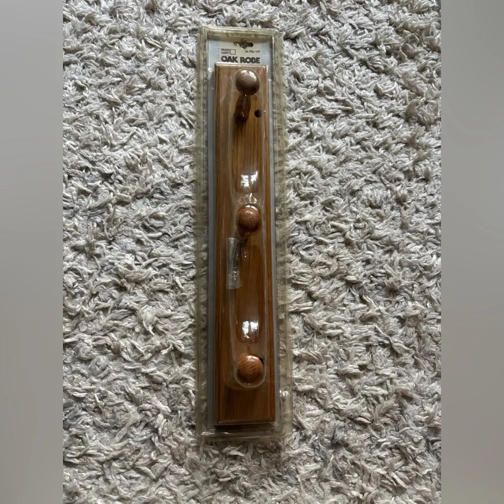 Vintage Solid Oak Robe Hooks with 3‑Knobs • Original Packaging 18”